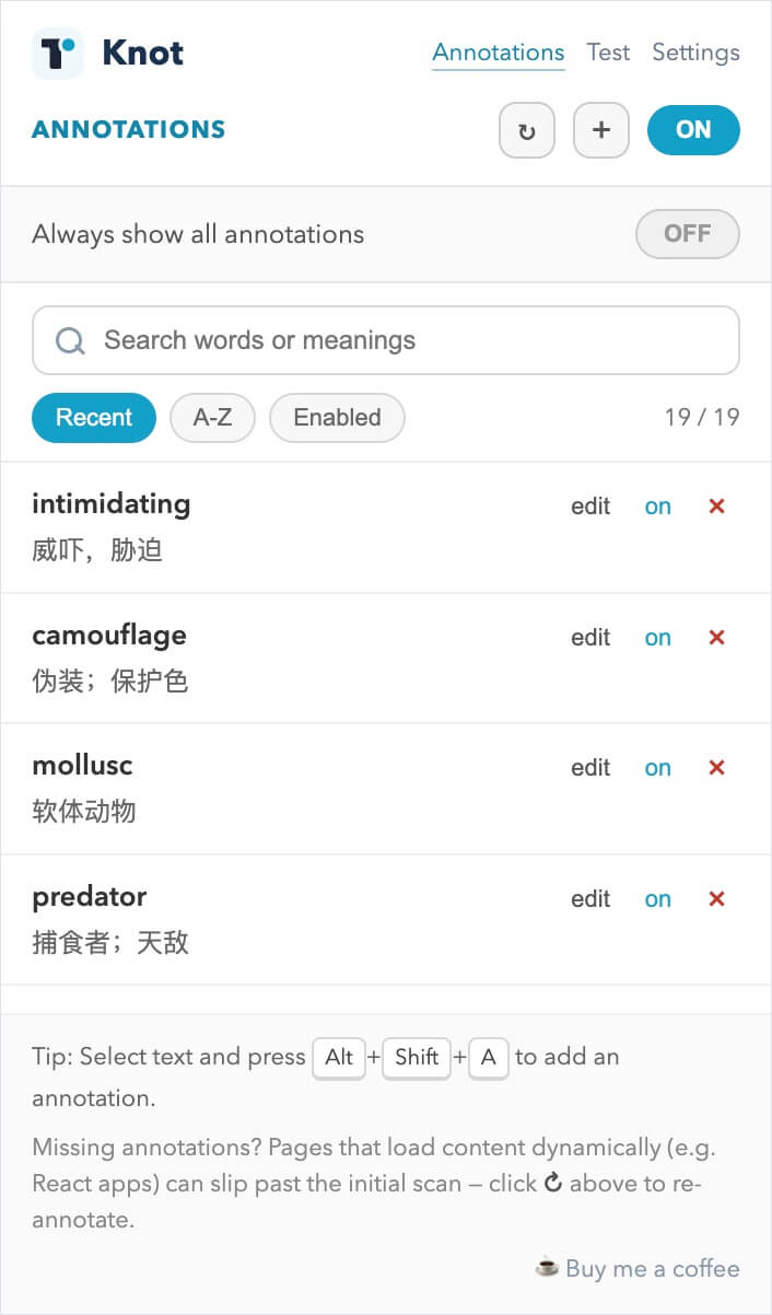 Knot browser extension popup